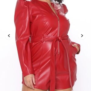 Fashion Nova Red Faux Leather Belted Jacket Romper